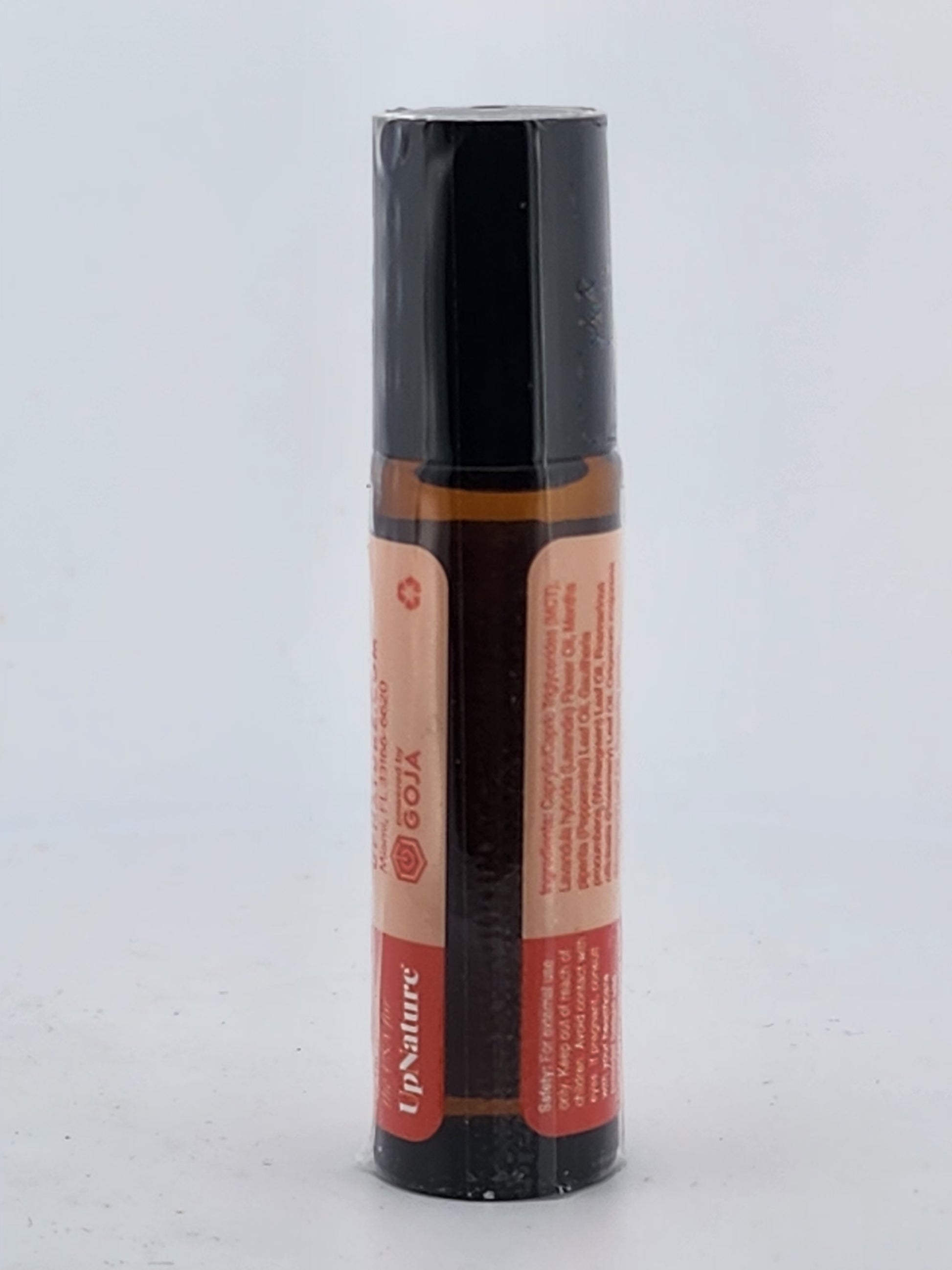 Roll-on bottle with black cap and red label on a white background