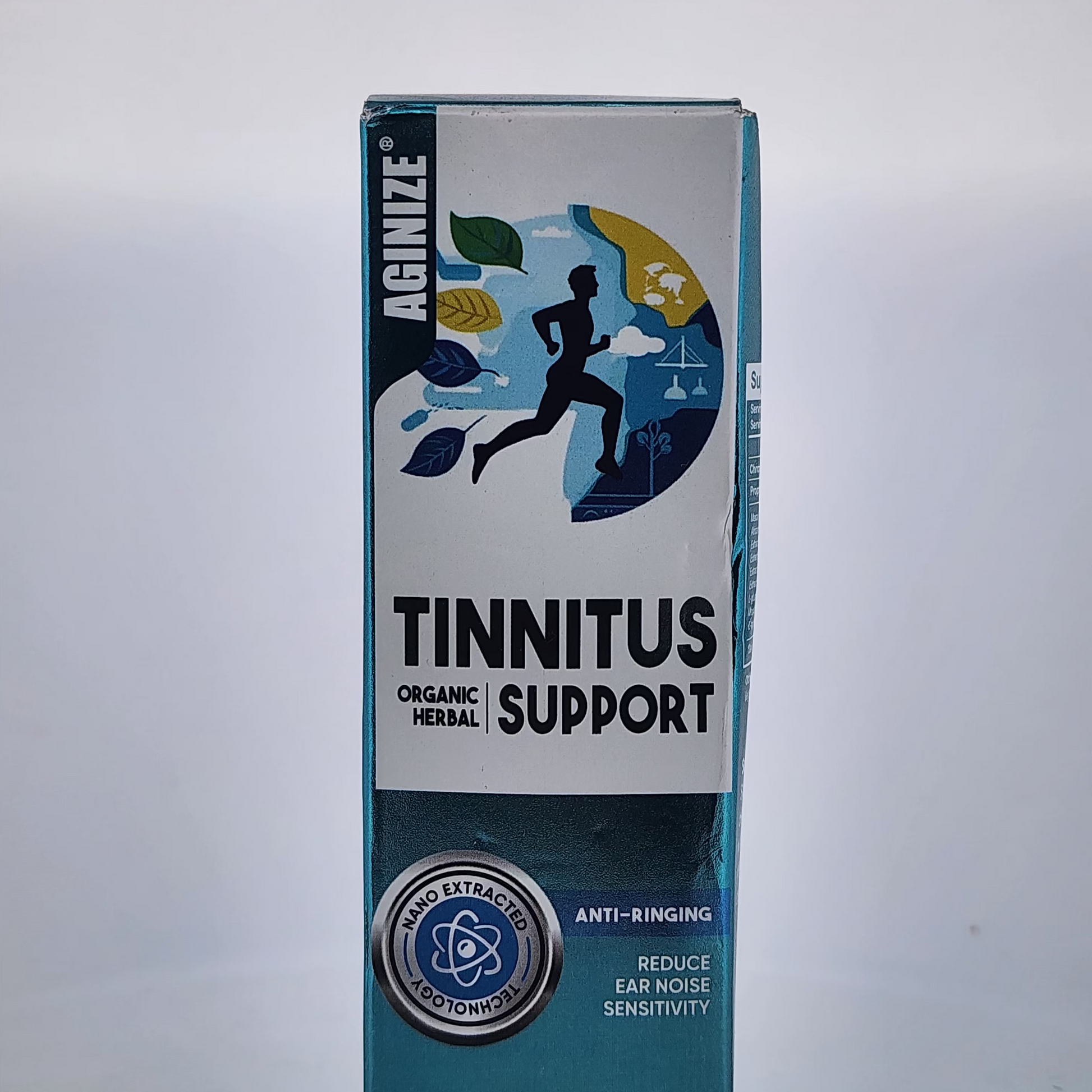 Tinnitus support dietary supplement box on a white background