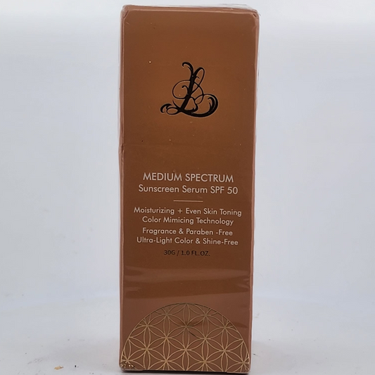 Brown box of medium spectrum sunscreen serum SPF 30 on a white background