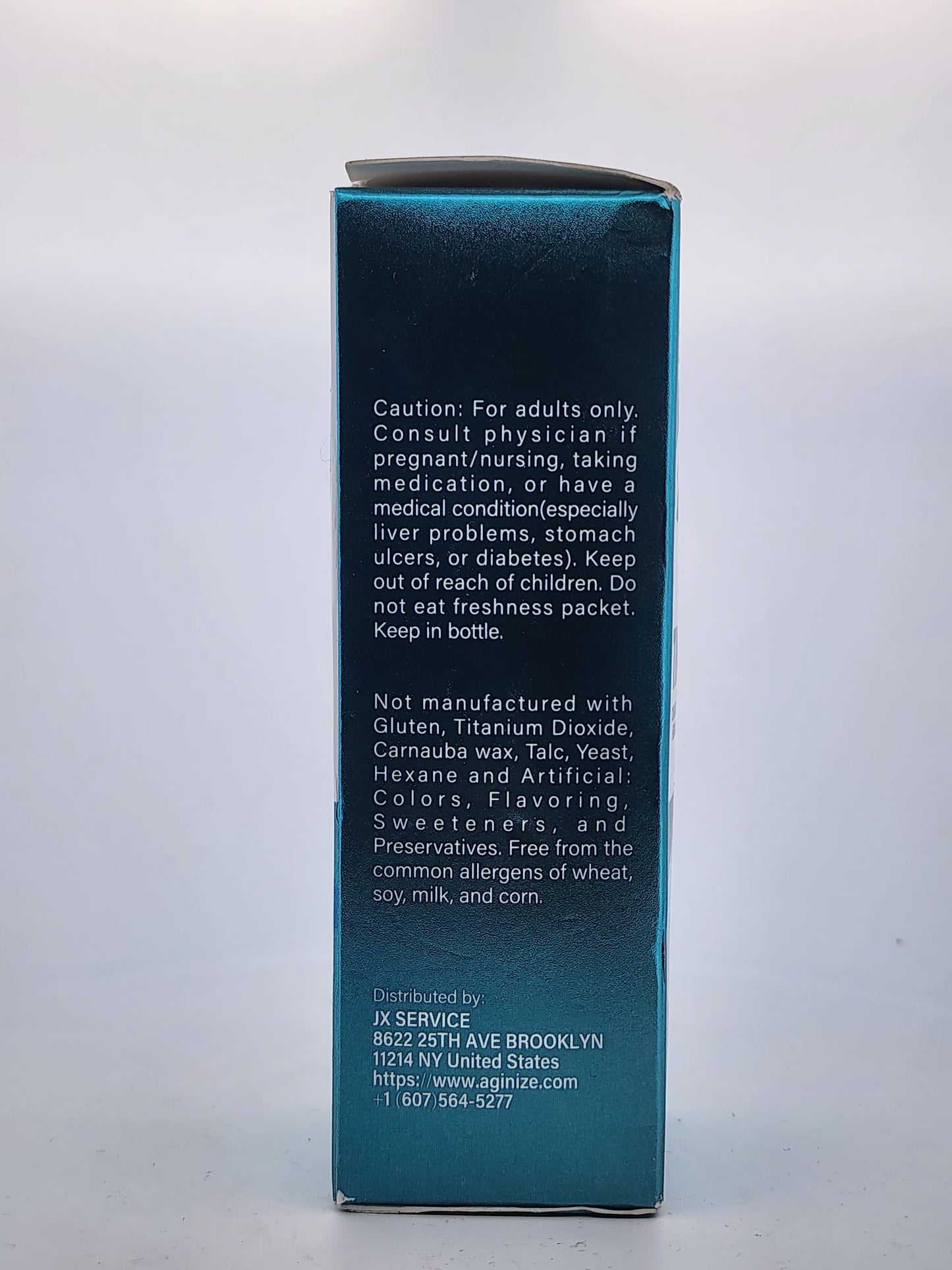 Back of a blue box with text on a white background