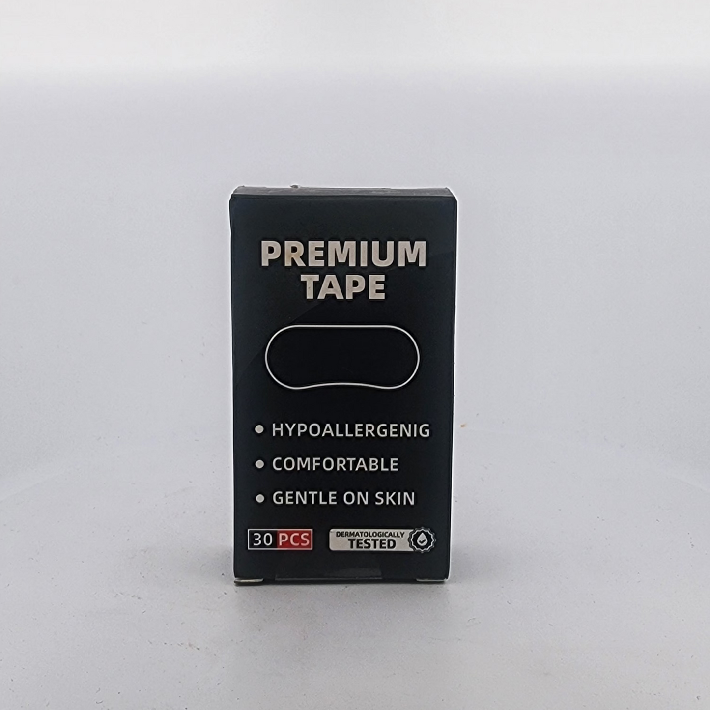 Black box of premium tape with white text on a light gray background