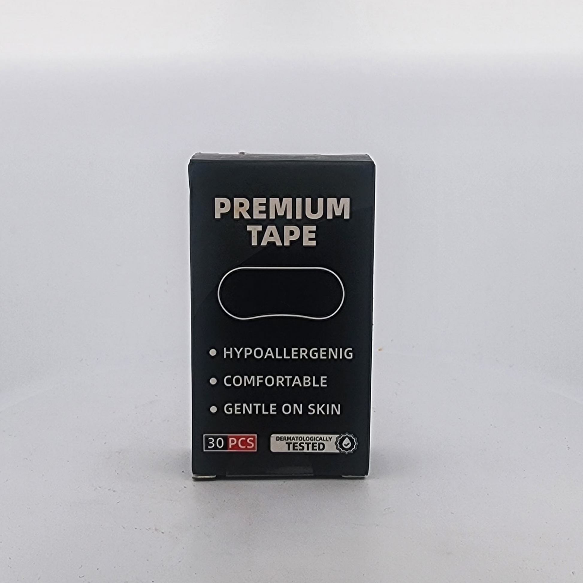 Black box of premium tape with white text on a light gray background