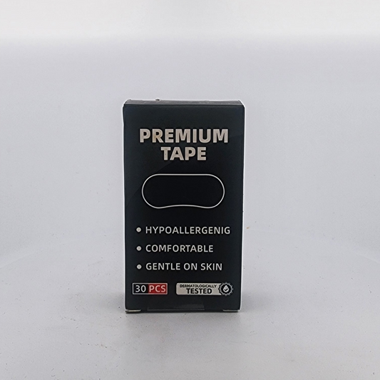 Black box of premium tape with white text on a light gray background
