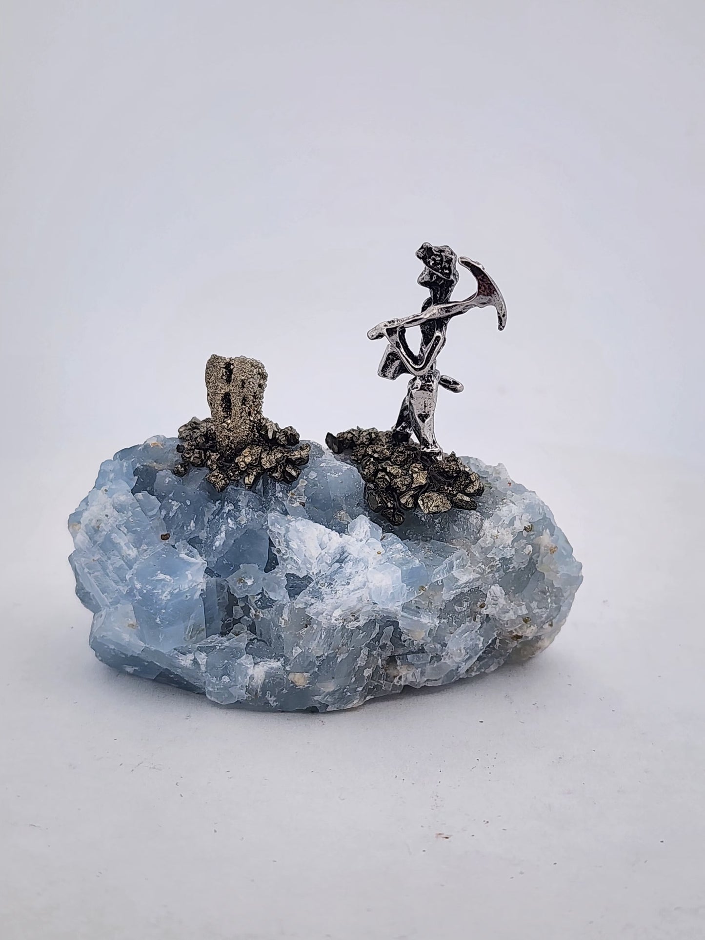 Celestite Crystal with Pewter Miner Figurine