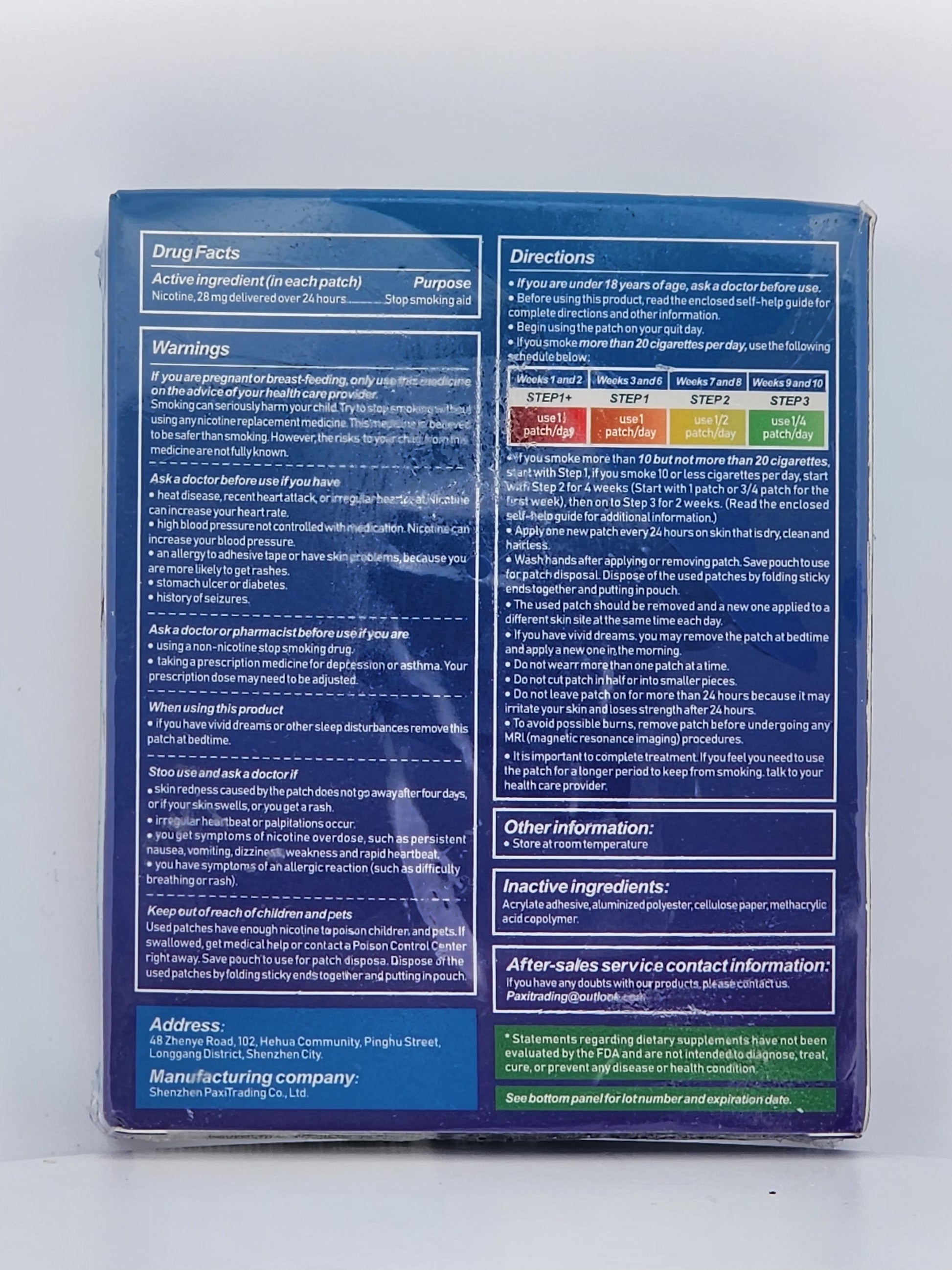 Back of a blue medication package with text and directions on a white background