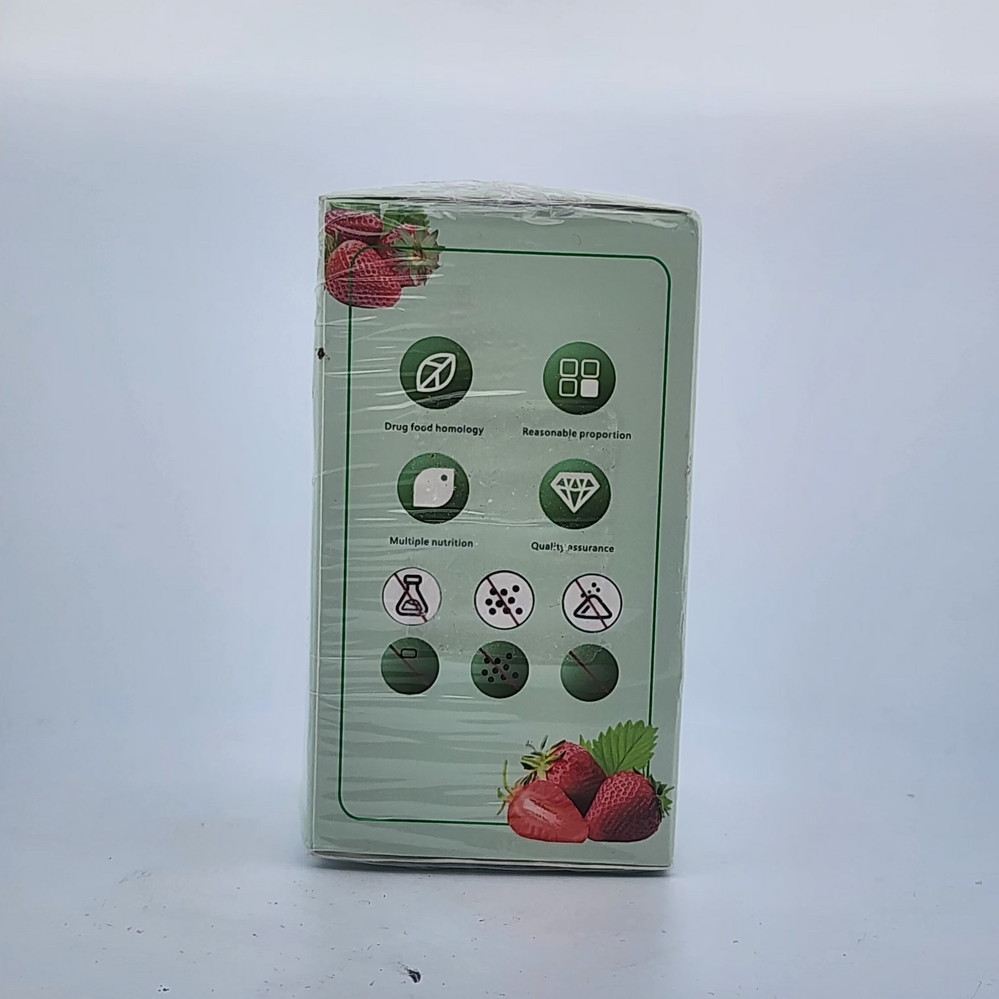 Green box with strawberry illustrations and icons on a white background