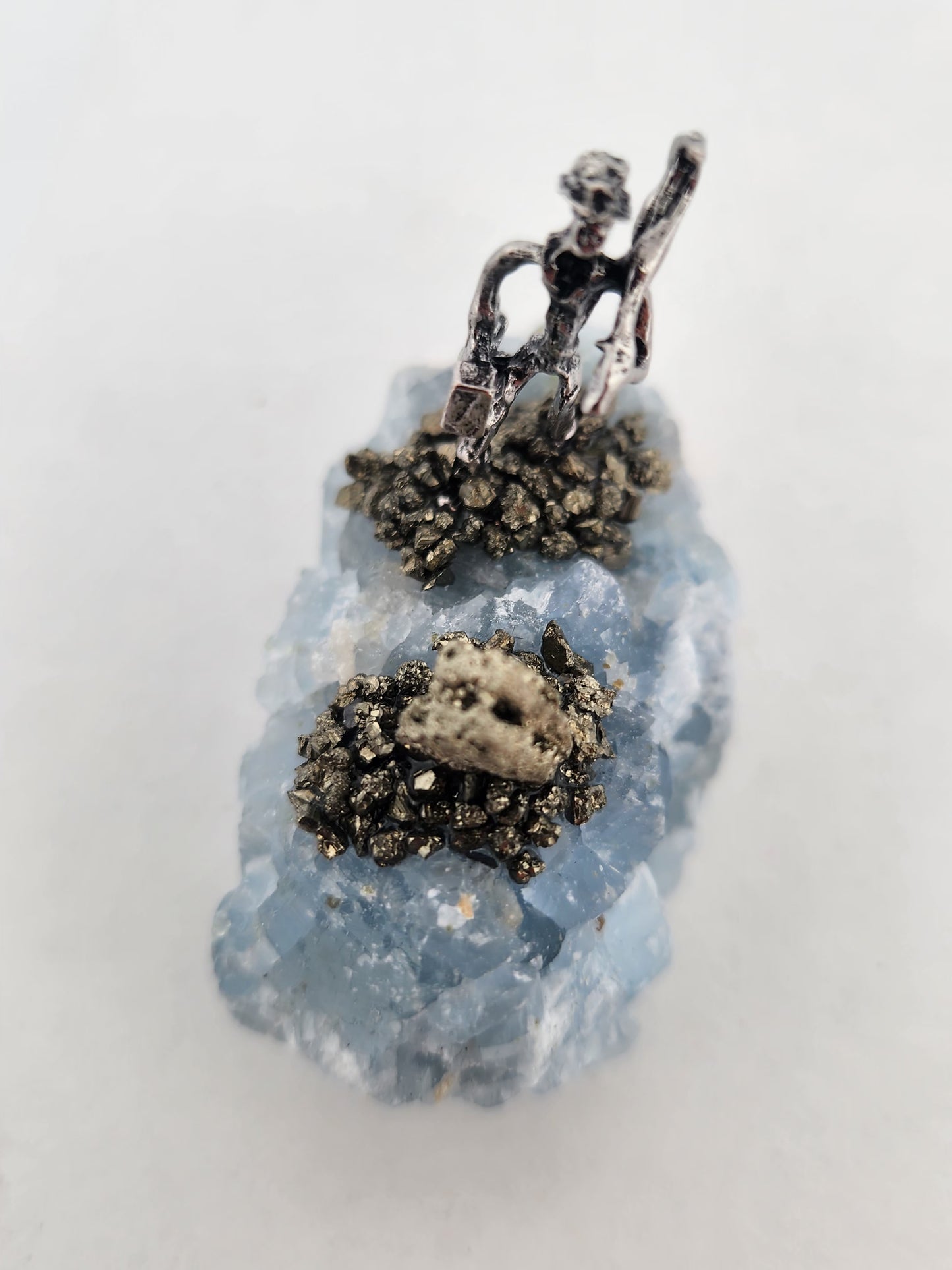 Celestite Crystal with Pewter Miner Figurine