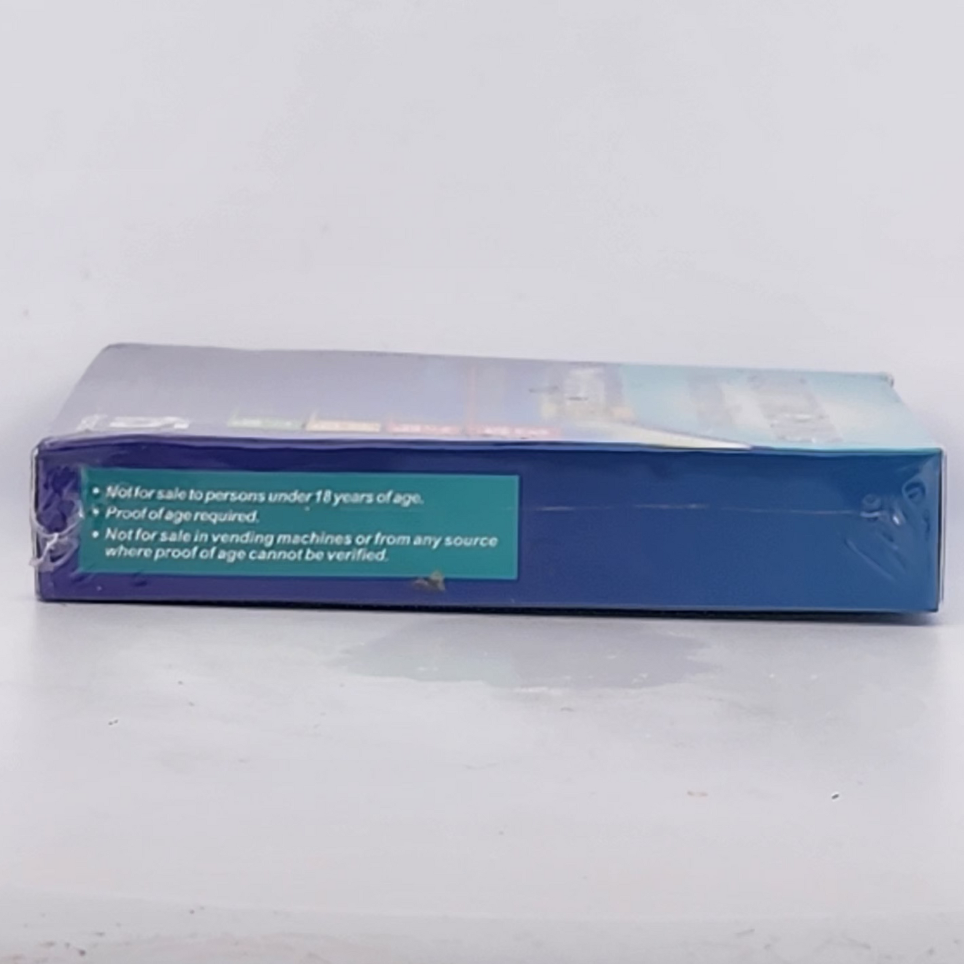 Blue box with text on a white surface