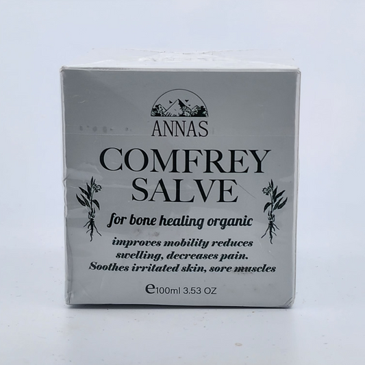 Box of Annas Comfrey Salve on a light gray background
