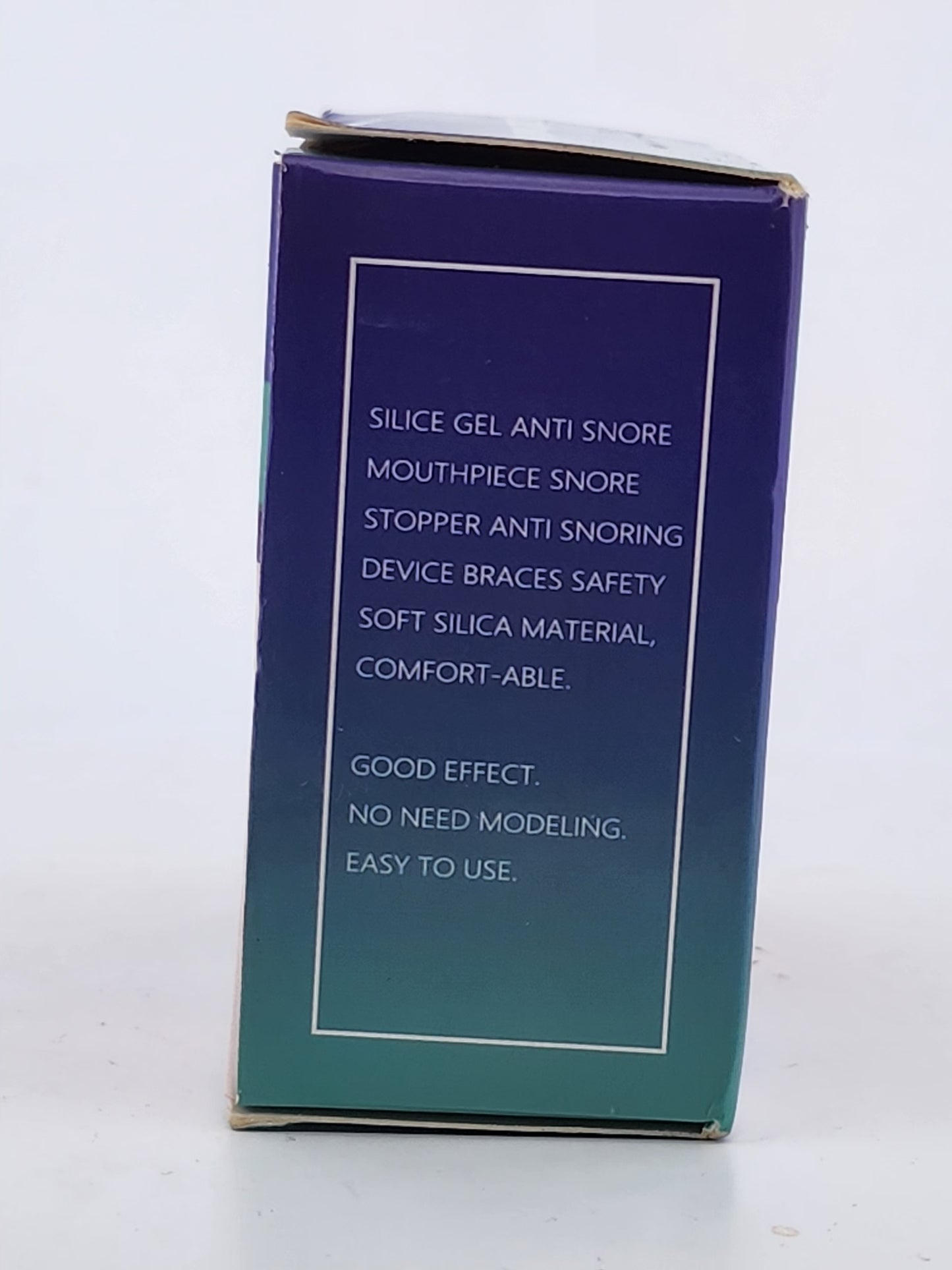 Blue packaging box with white text on a white background