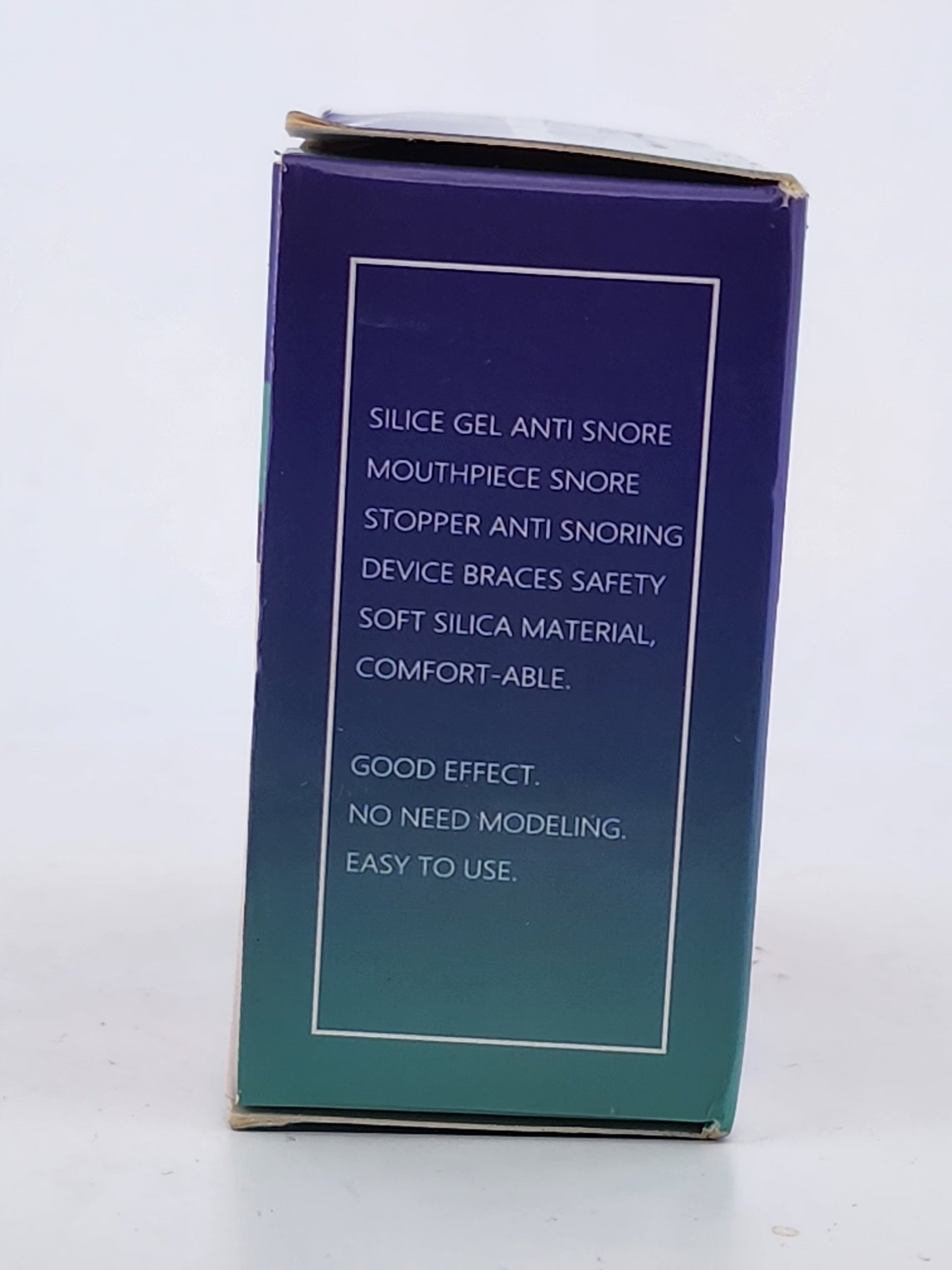 Blue packaging box with white text on a white background