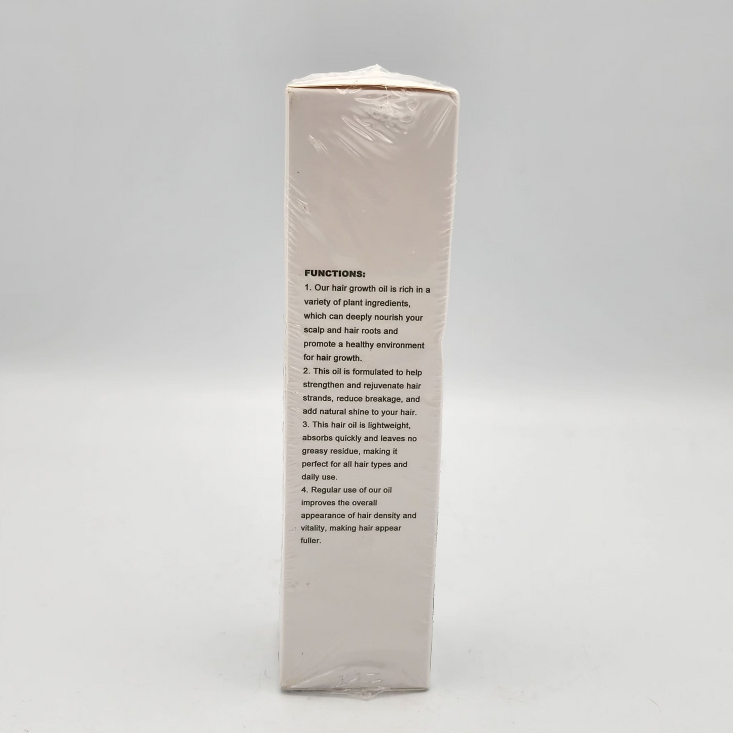 Product packaging with text on a gray background