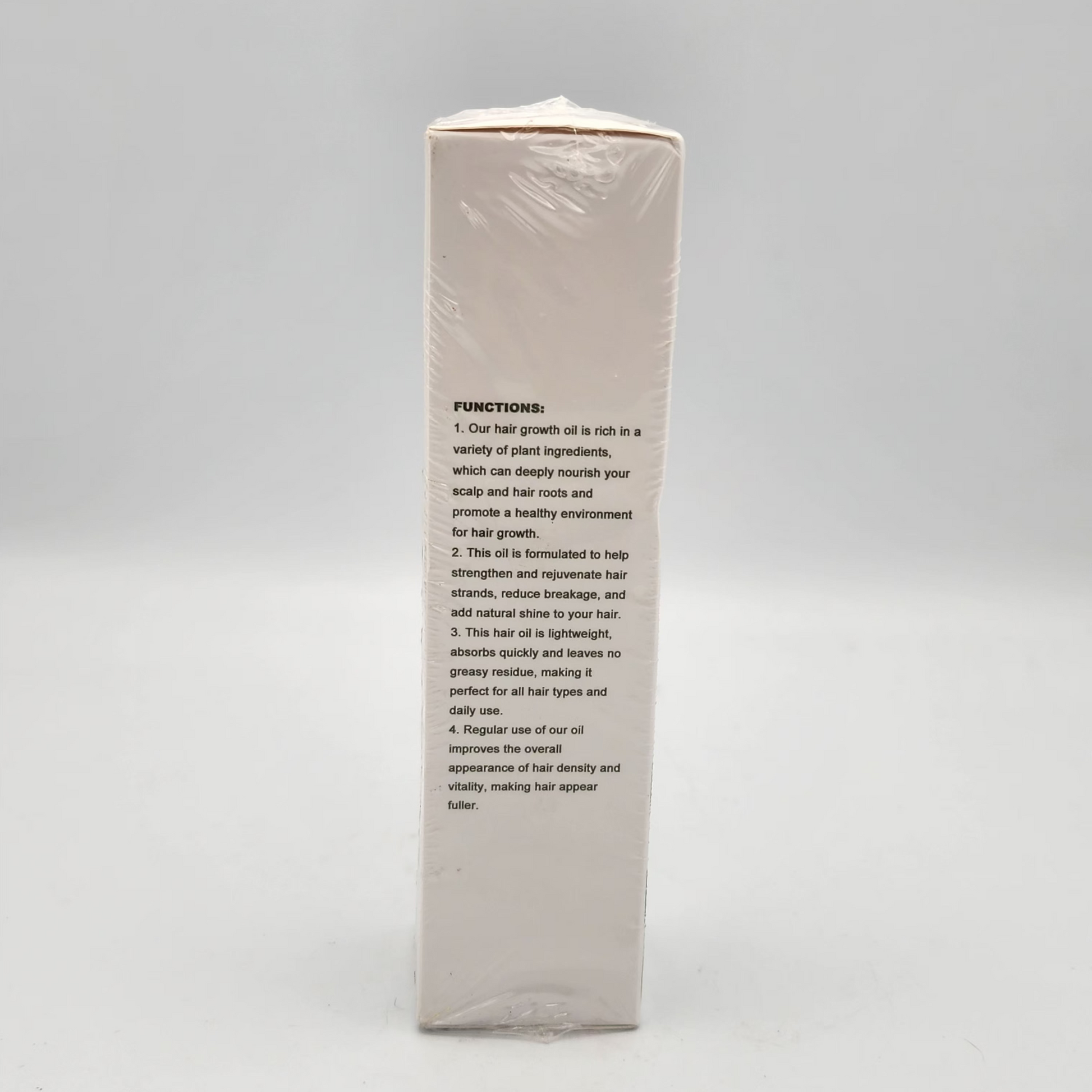 Product packaging with text on a gray background