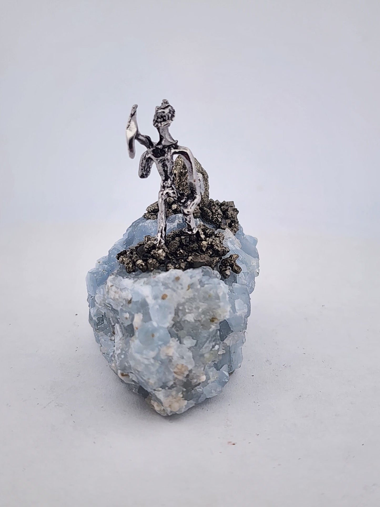Celestite Crystal with Pewter Miner Figurine
