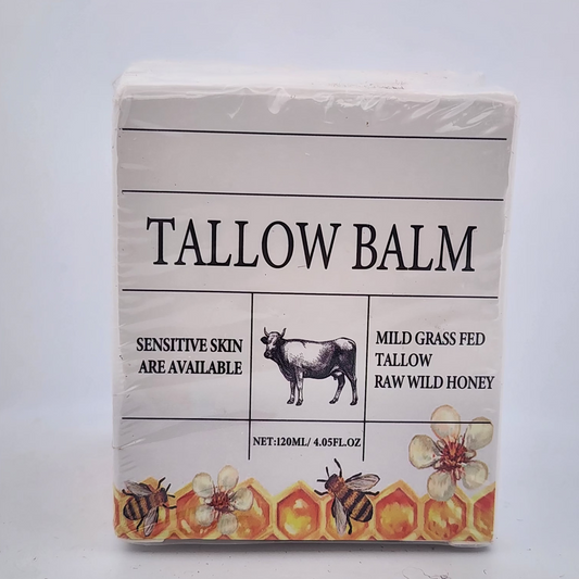 Tallow balm packaging with cow illustration and honeycomb design on a white background