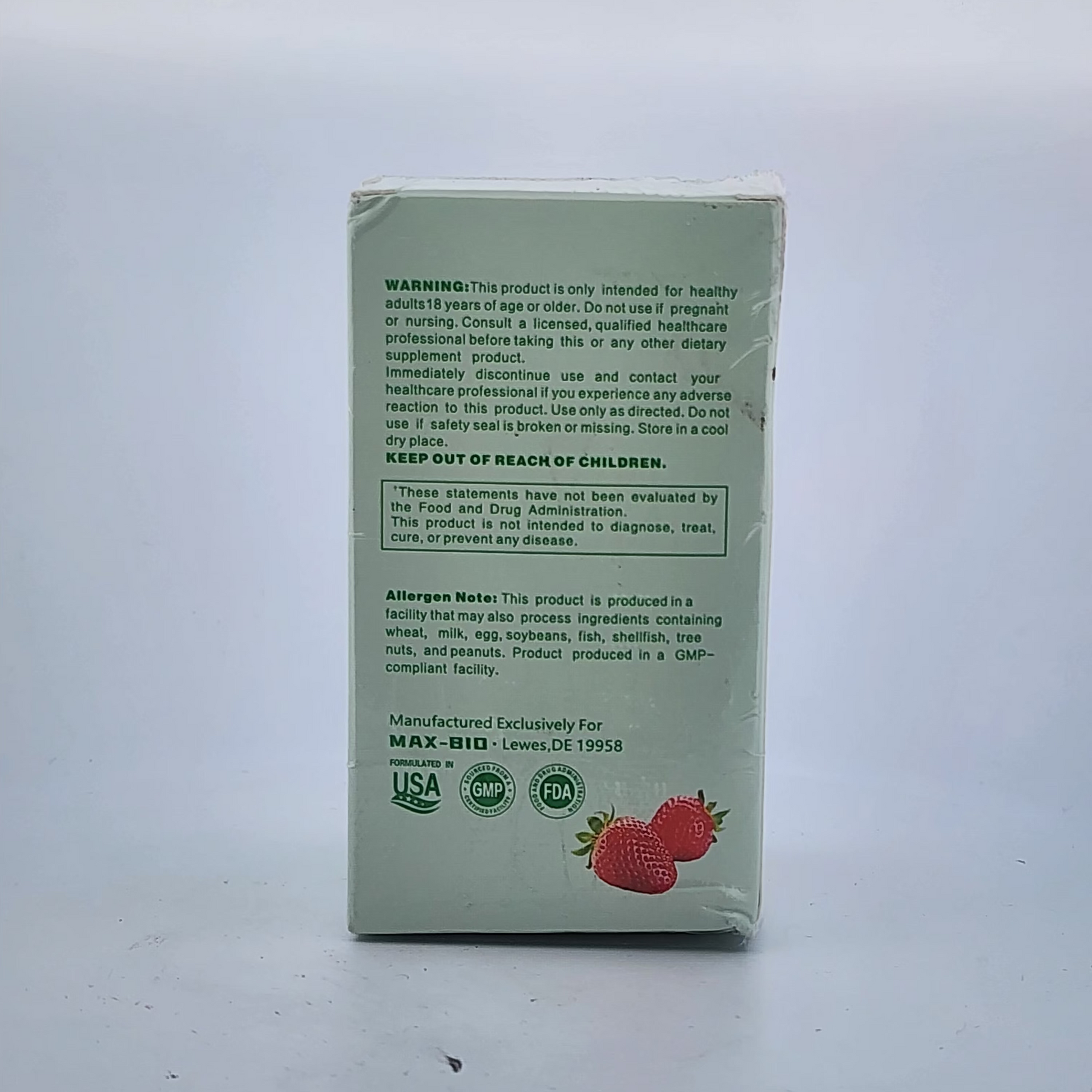 Product packaging with text and a strawberry illustration on a white background