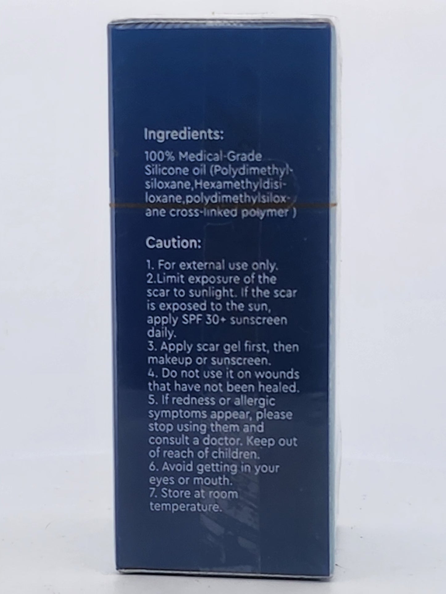 Back of a blue box with text on a white background