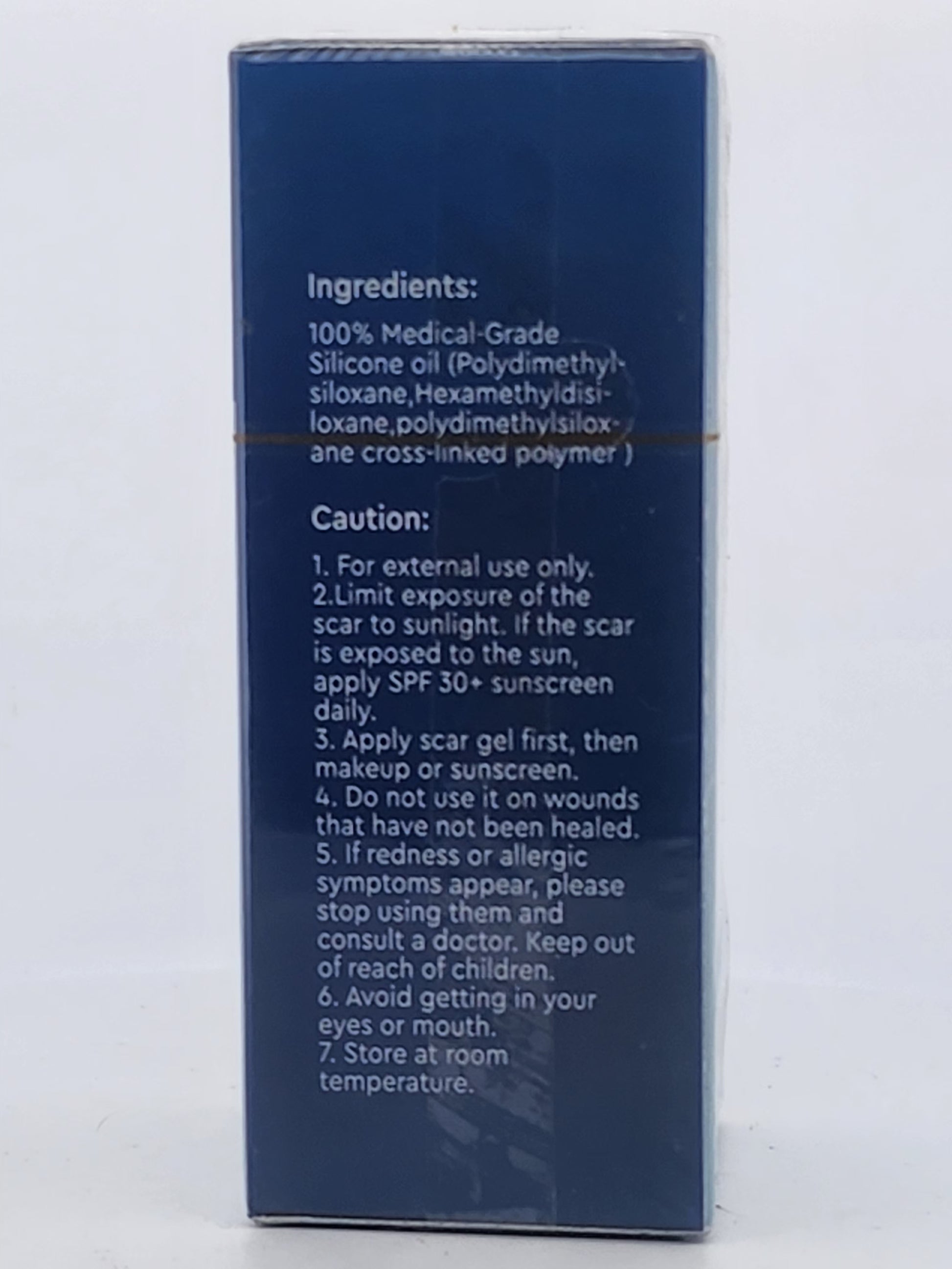 Back of a blue box with text on a white background
