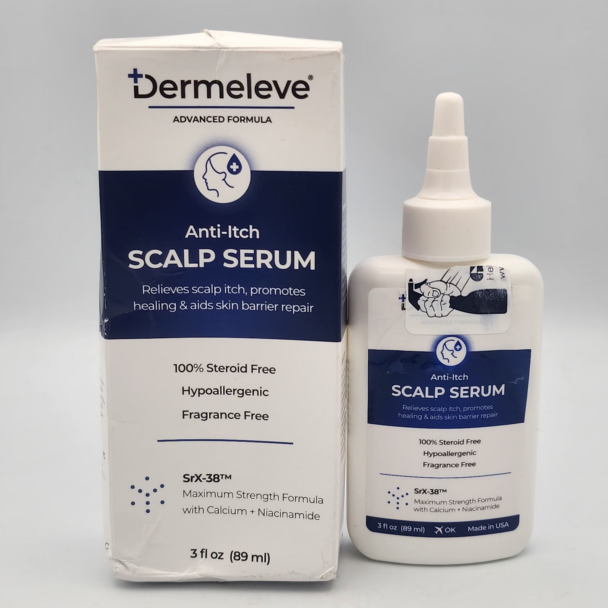 Dermeleve Anti-Itch Scalp Serum packaging and bottle on a gray background