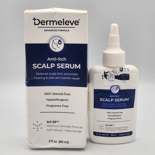 Dermeleve Anti-Itch Scalp Serum packaging and bottle on a gray background