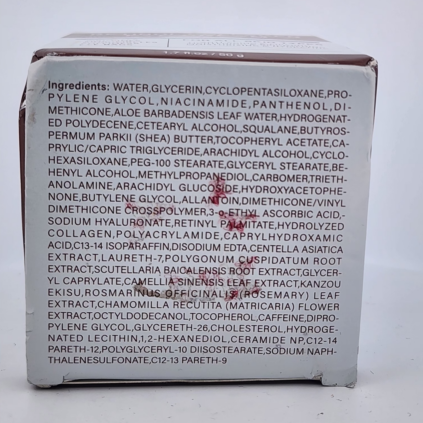 Product packaging with a list of ingredients on a white background