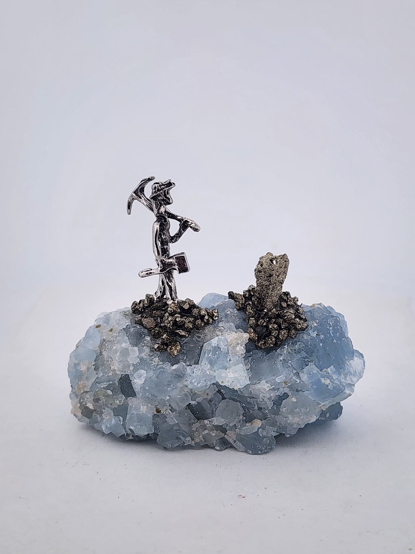 Celestite Crystal with Pewter Miner Figurine