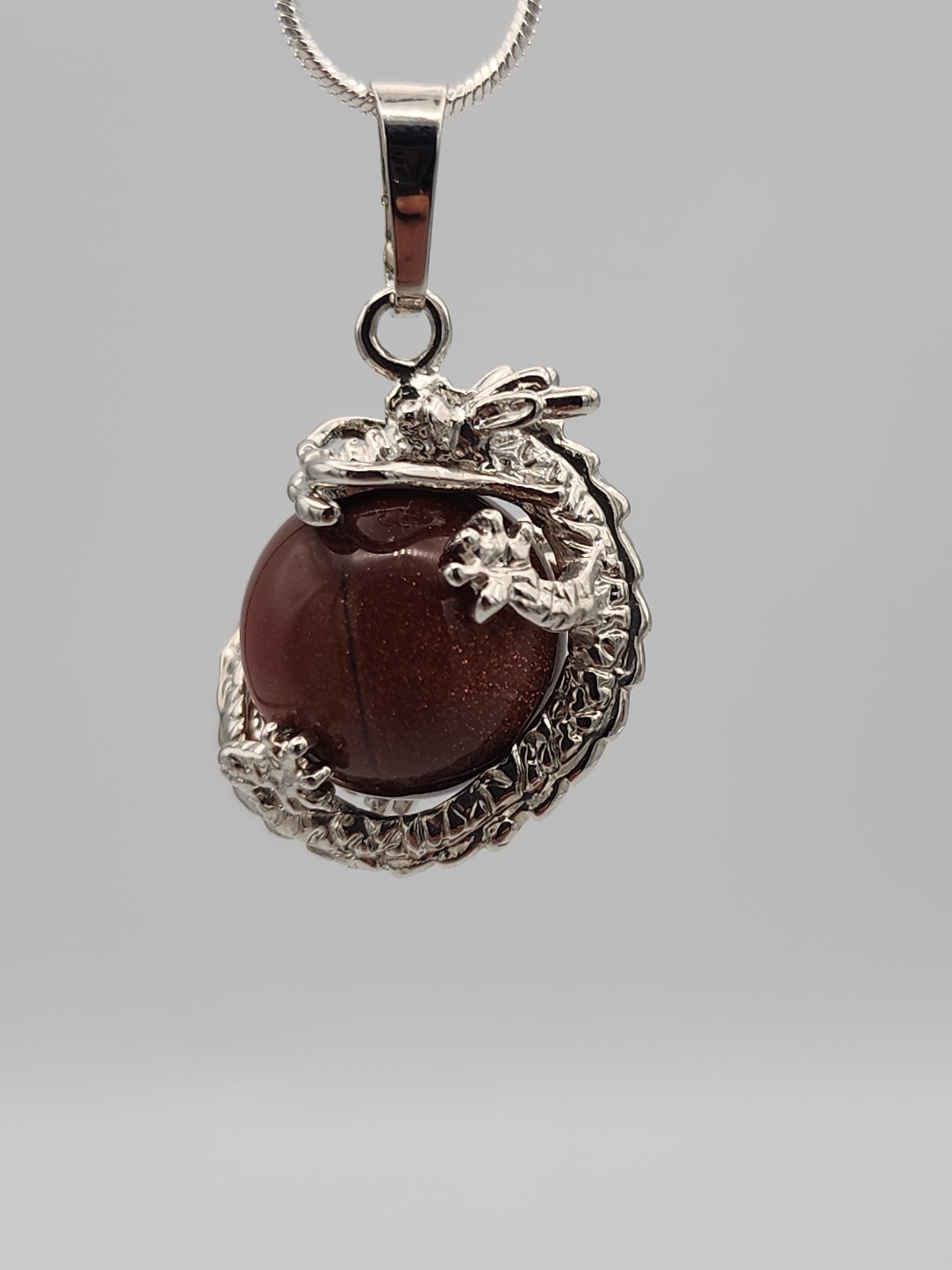 Mystical Dragon Goldstone Pendant Necklace - Sterling Silver