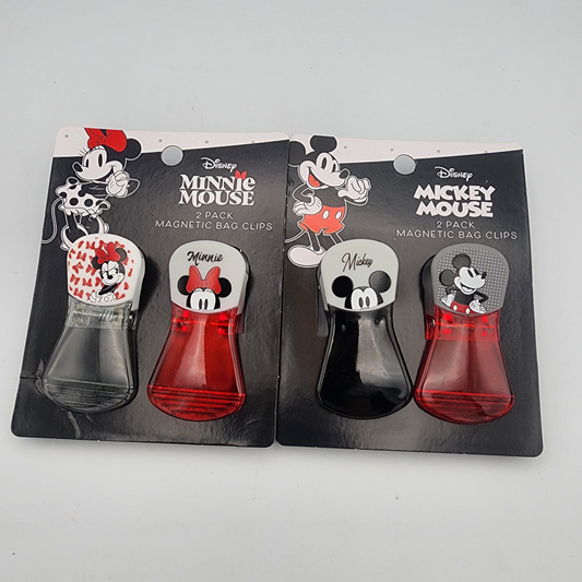 Two packages of Disney-themed magnetic bag clips on a white background