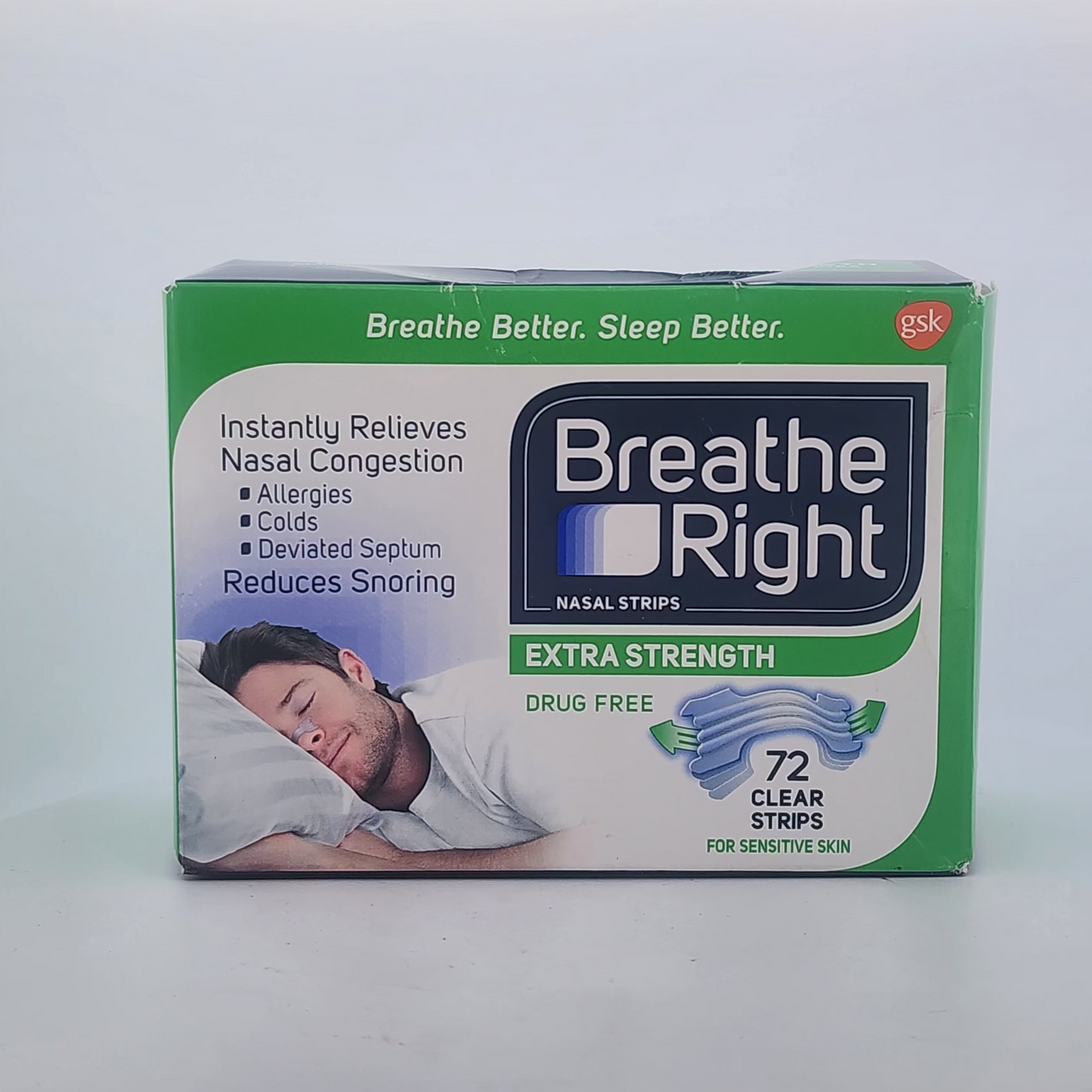 Box of Breathe Right nasal strips on a white background