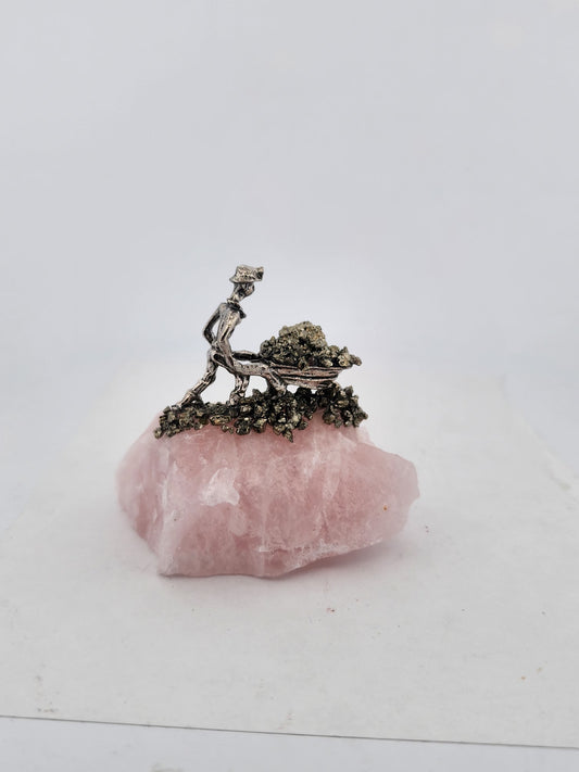 Rose Quartz Crystal with Pewter Gardener Figurine