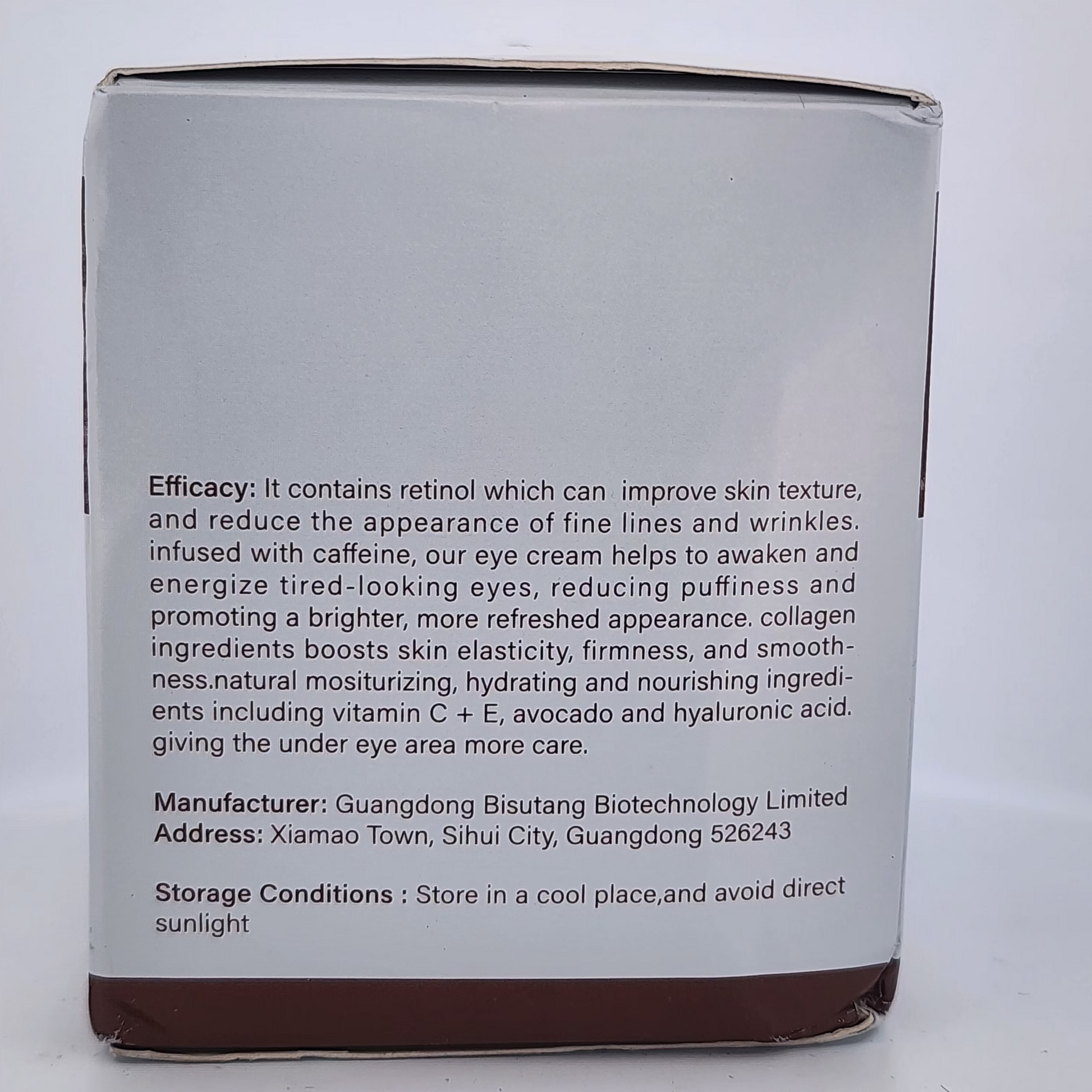 Back of a skincare product packaging with text on a white background
