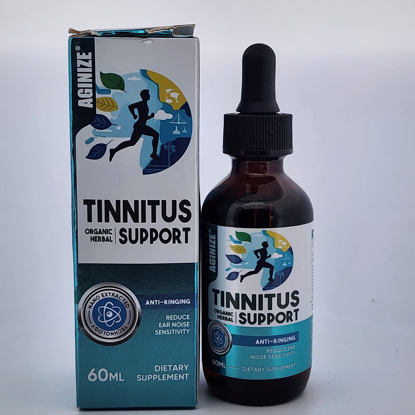 Tinnitus Support supplement bottle and packaging on a white background