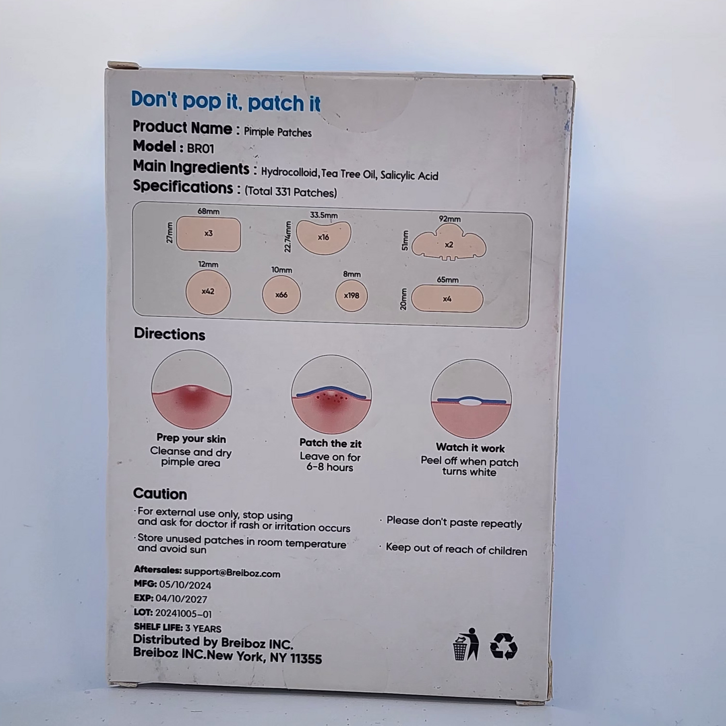 Back of a purple patch packaging with text and illustrations on a white background