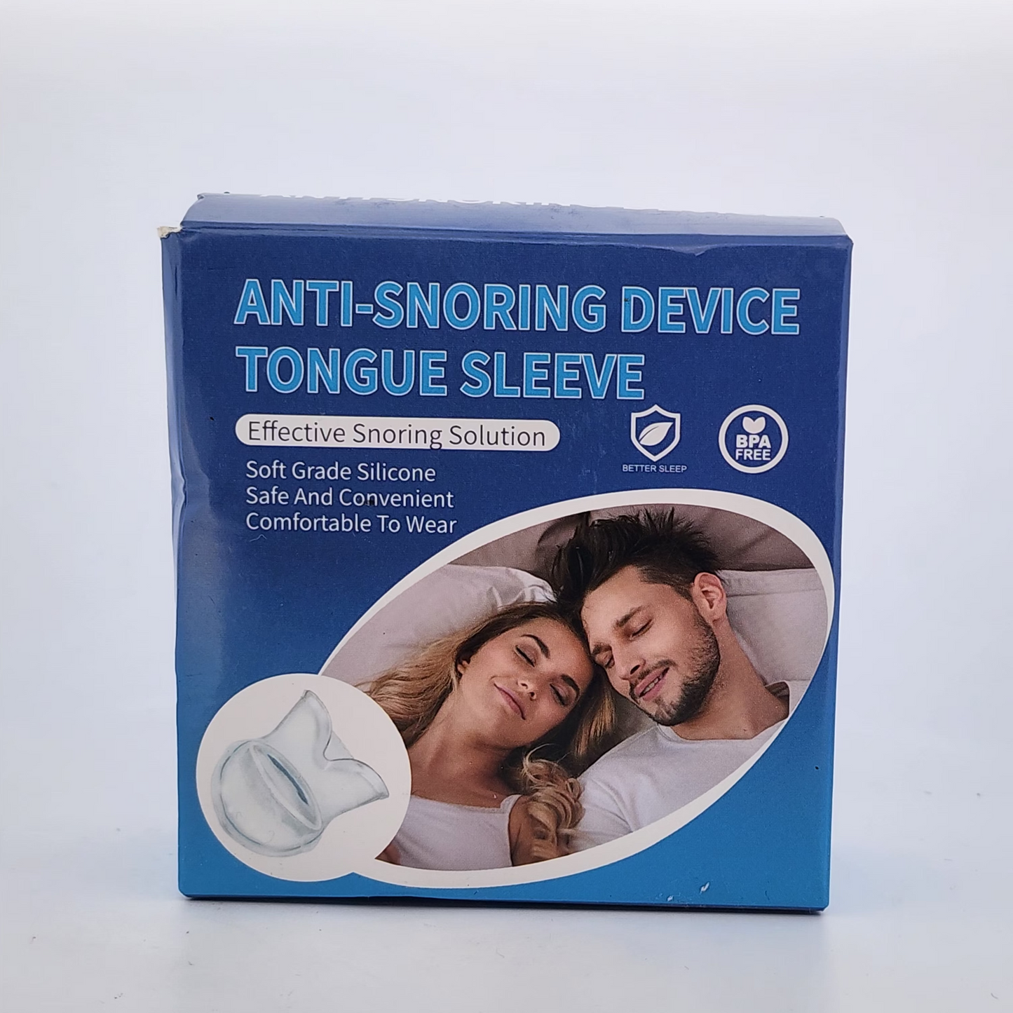 Box of an anti-snoring device tongue sleeve on a white background