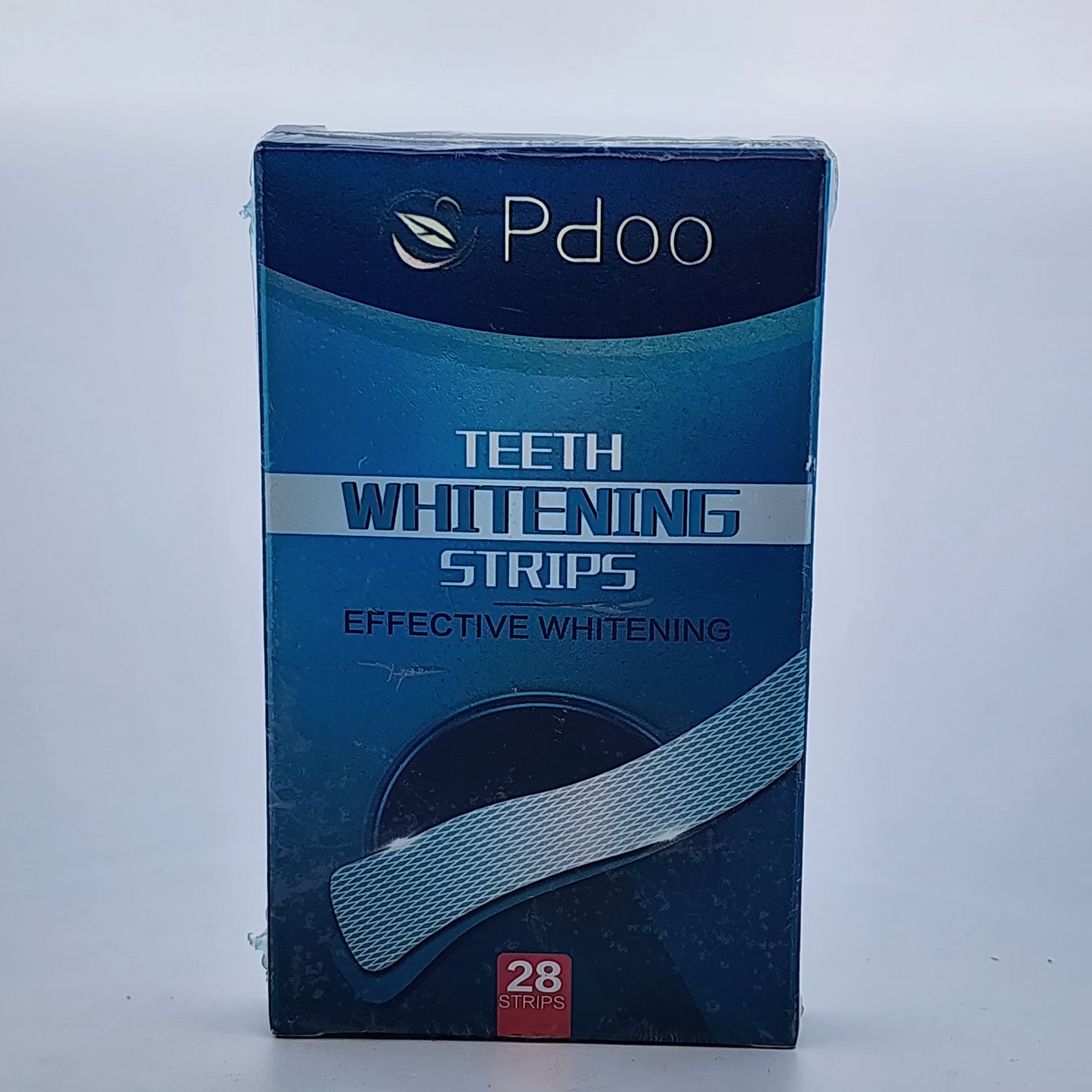 Box of Pdoo teeth whitening strips on a white background