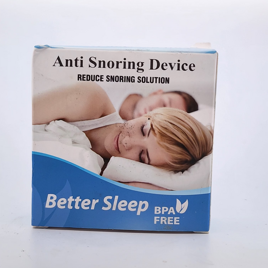 Box of an anti snoring device with a couple sleeping on a white background