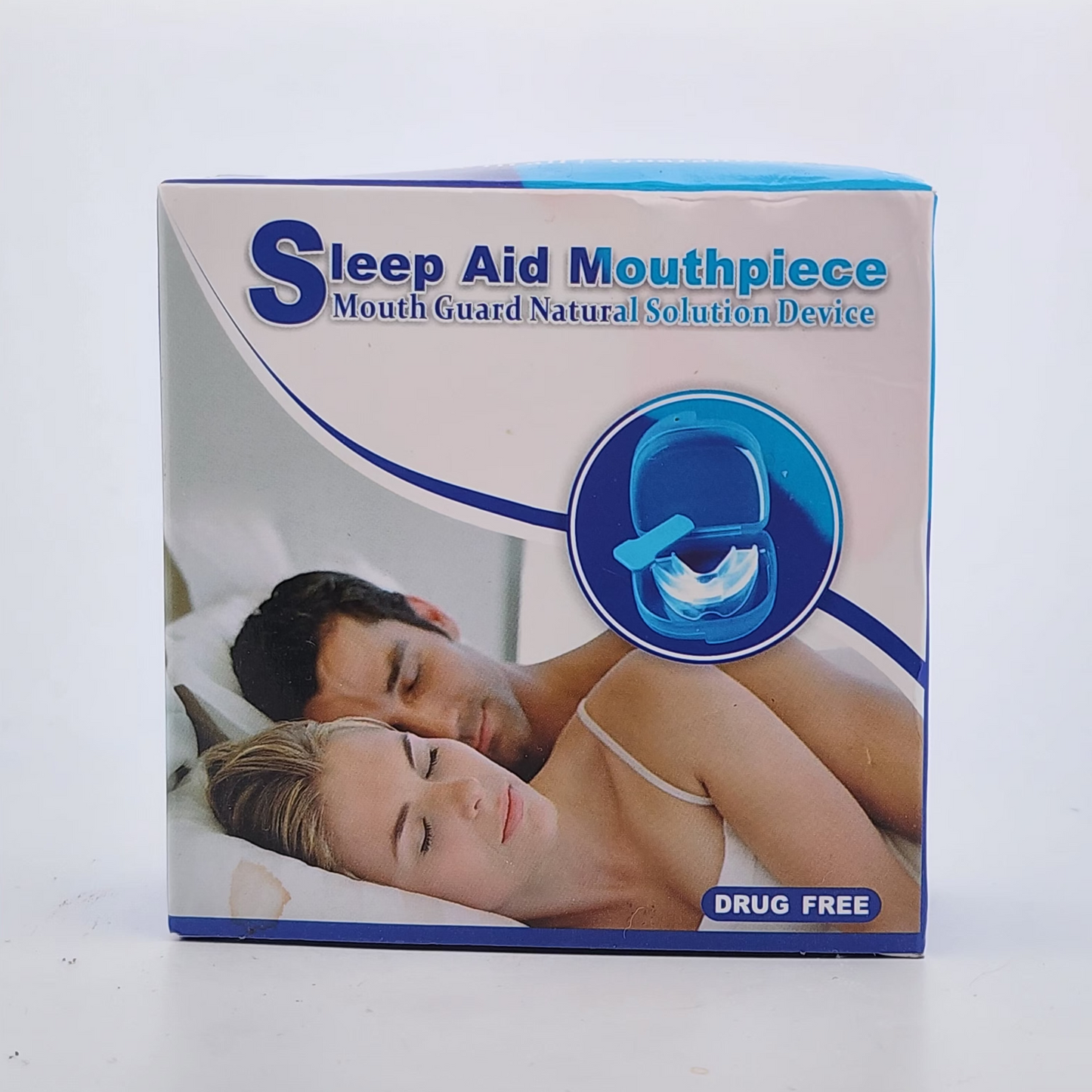 Box of Sleep Aid Mouthpiece with a couple lying down on a white background