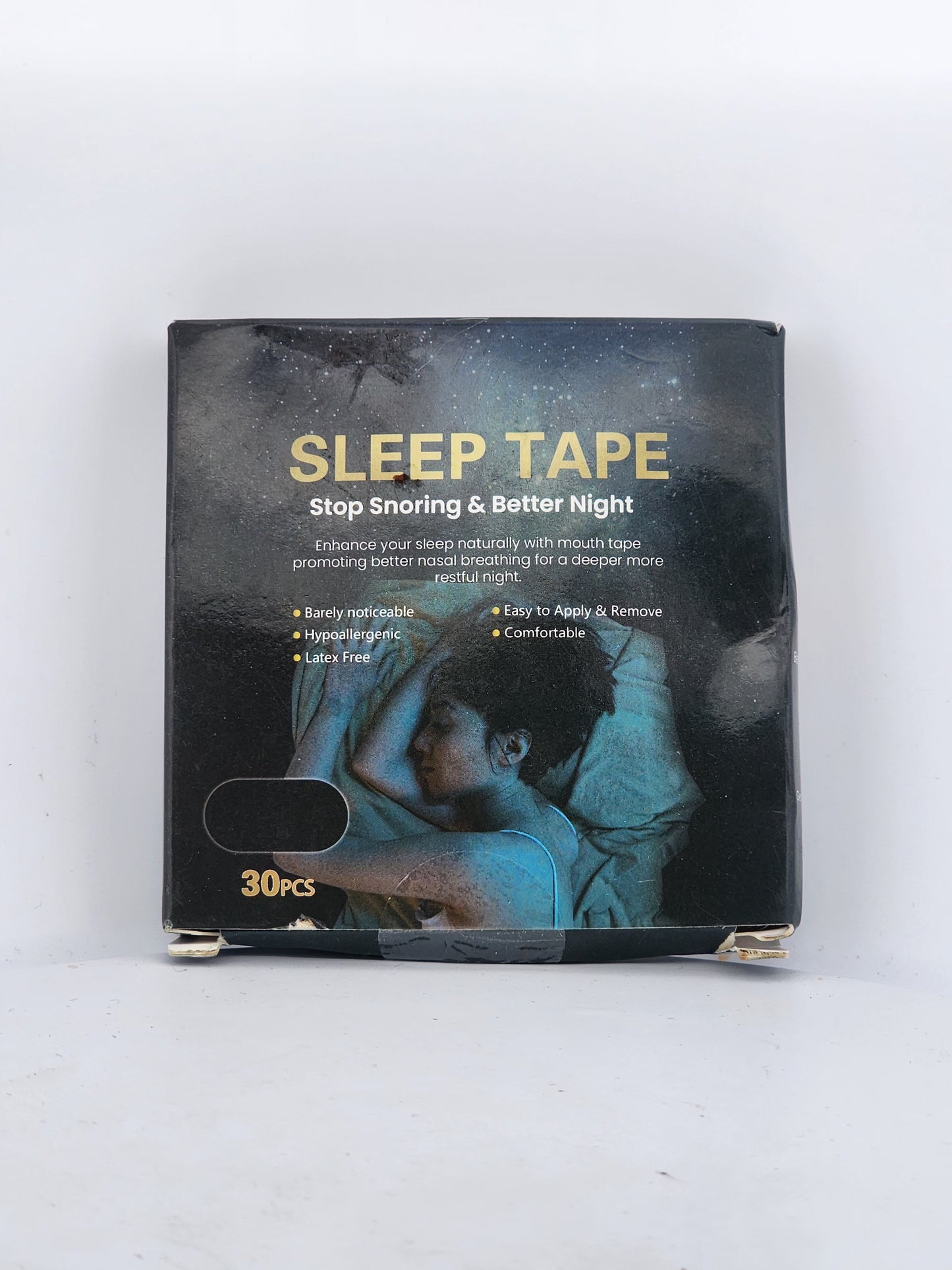 Sleep tape packaging with a person sleeping on a white background