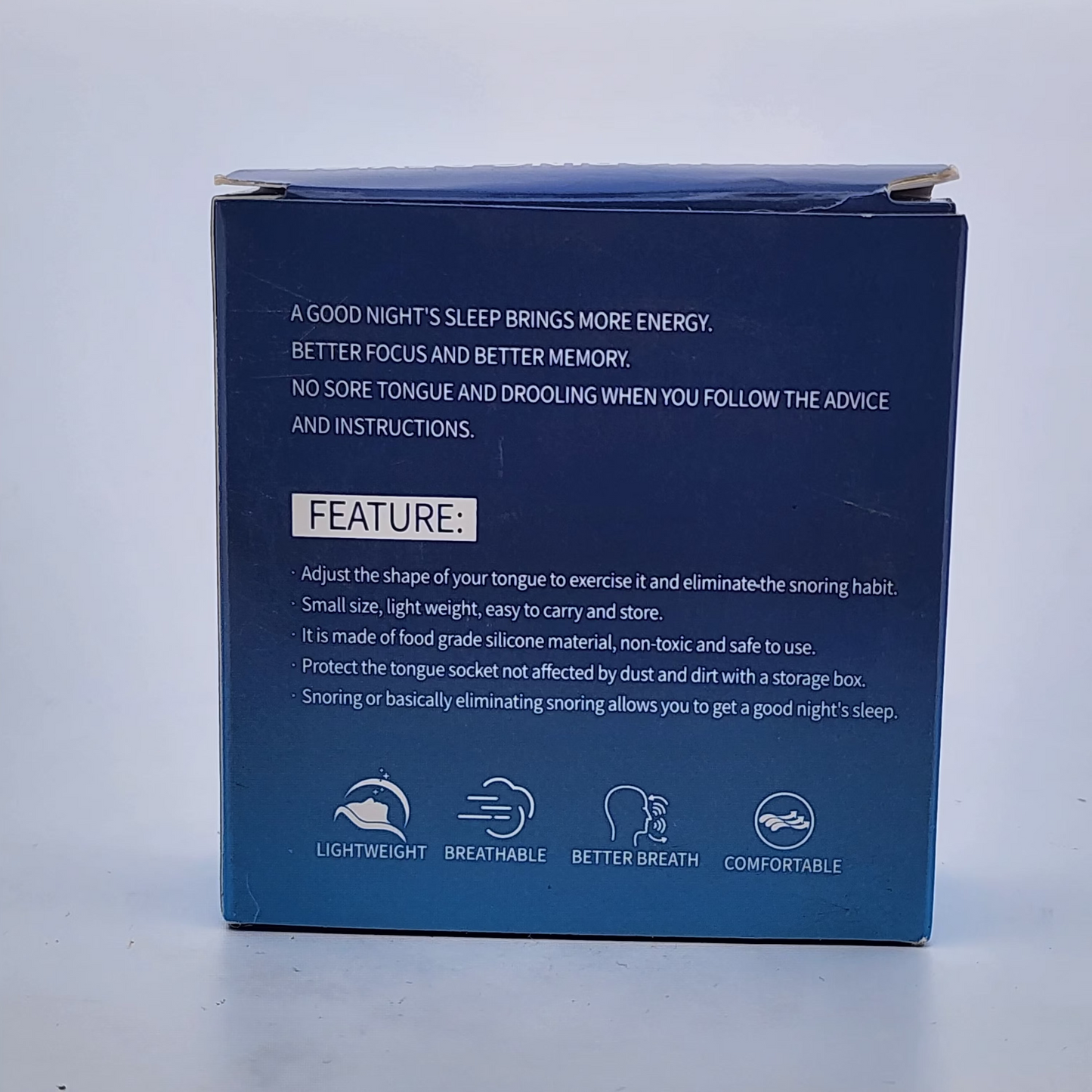 Blue packaging box with text and features on a light gray background