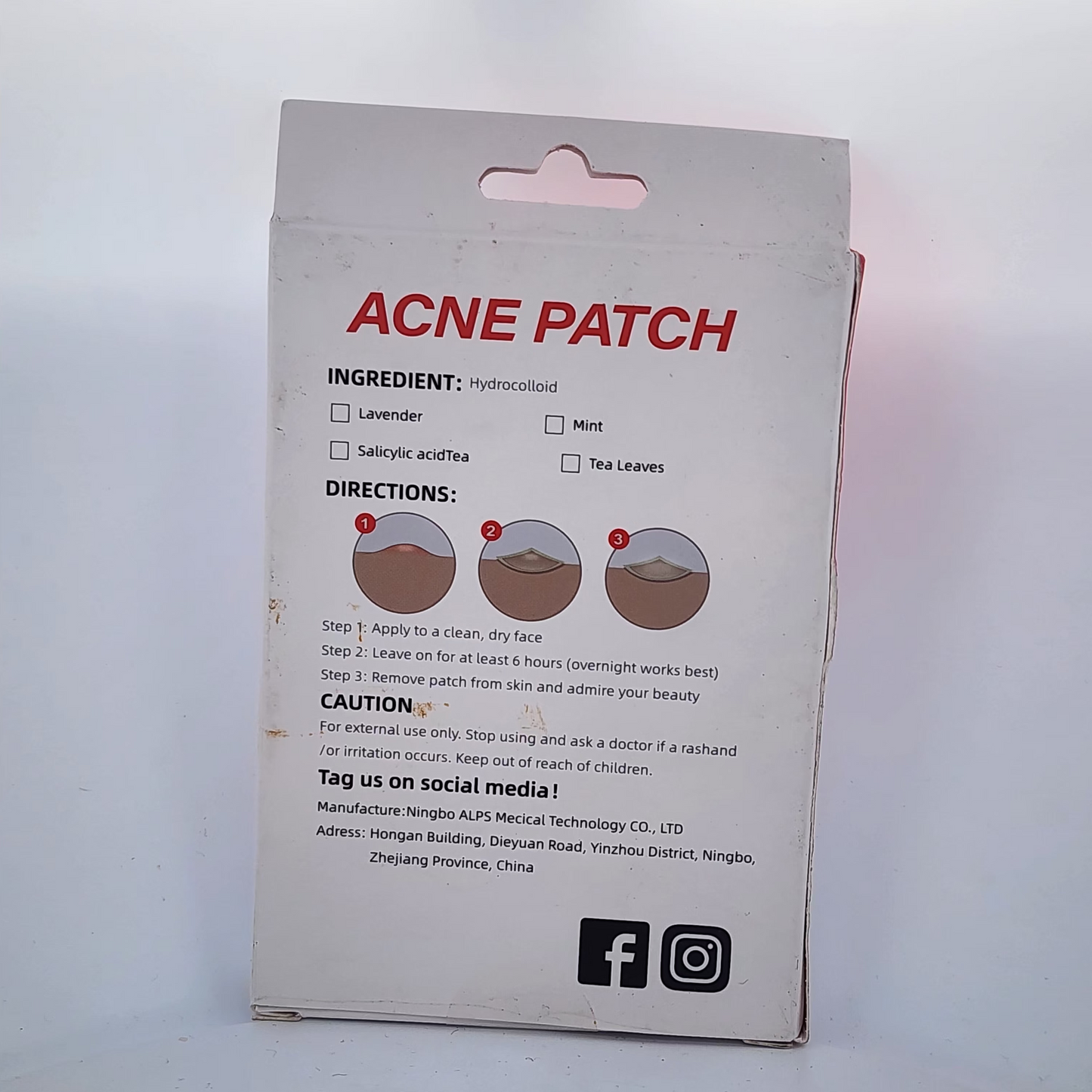 Acne patch packaging with ingredient, direction, and caution information on a white background