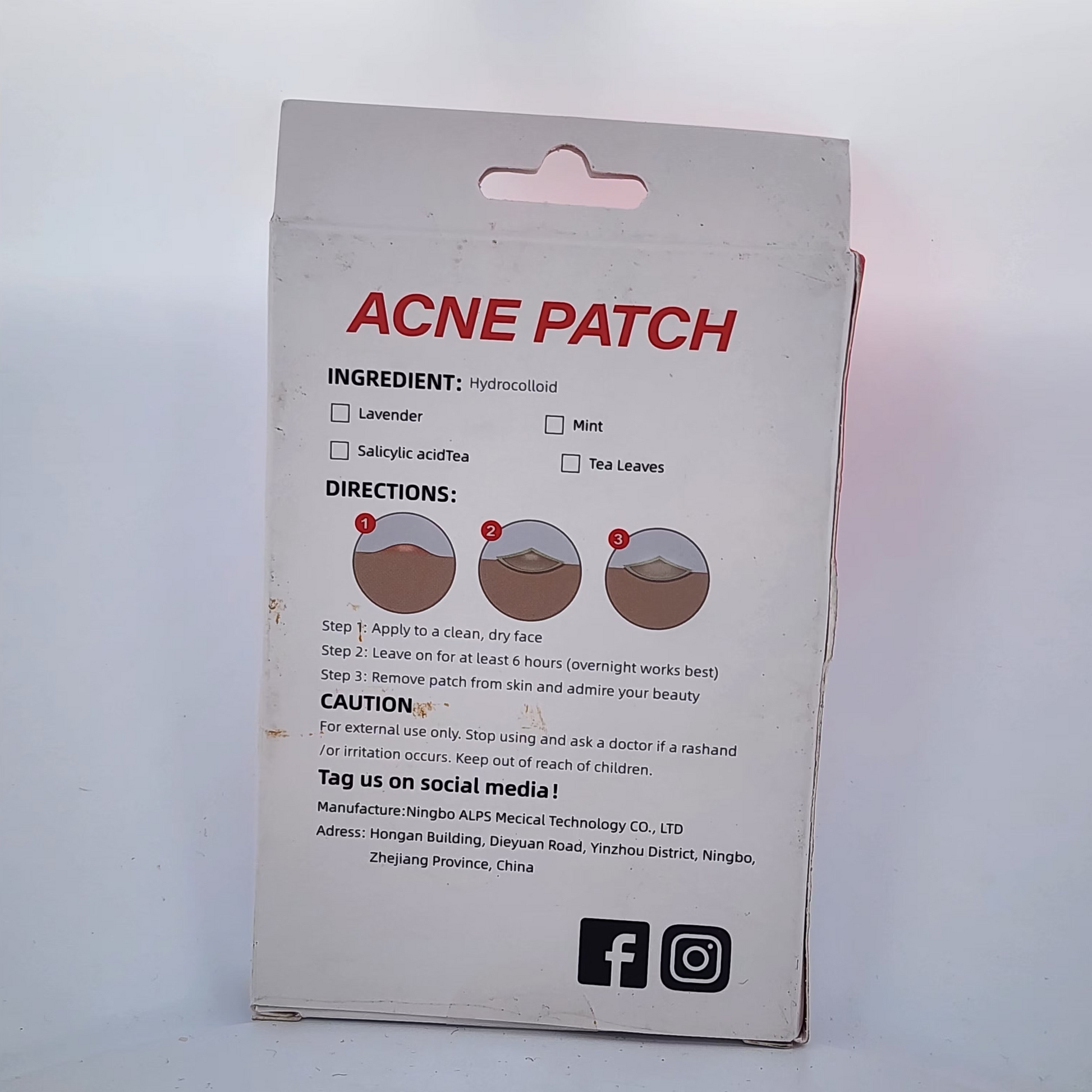 Acne patch packaging with ingredient, direction, and caution information on a white background