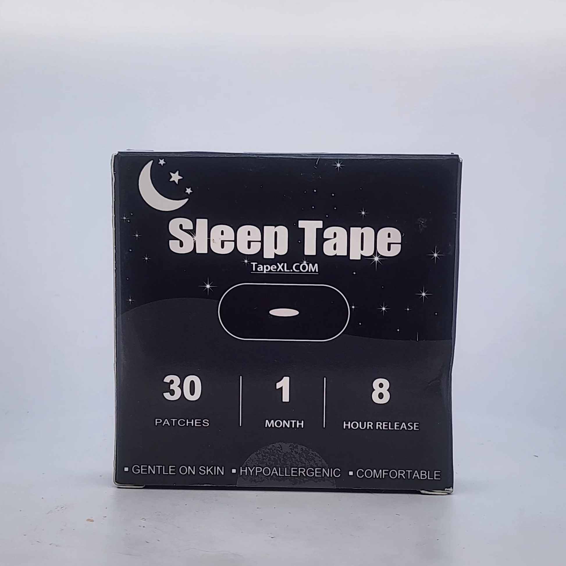 Box of Sleep Tape with branding and product details on a light gray background