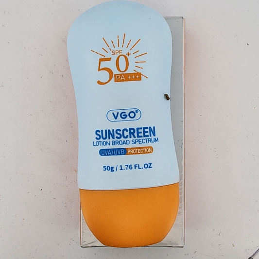 VGO sunscreen lotion bottle with SPF 50 on a white background