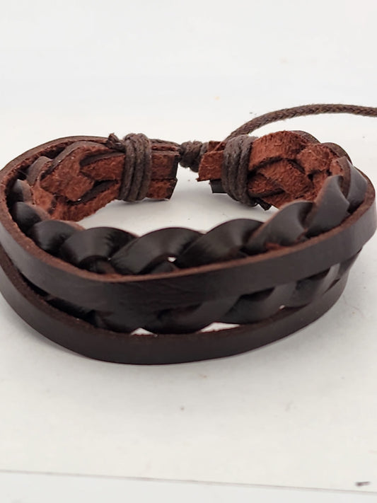 Dark Brown Braided Leather Bracelet | Adjustable Woven Cuff | Unisex Boho Style