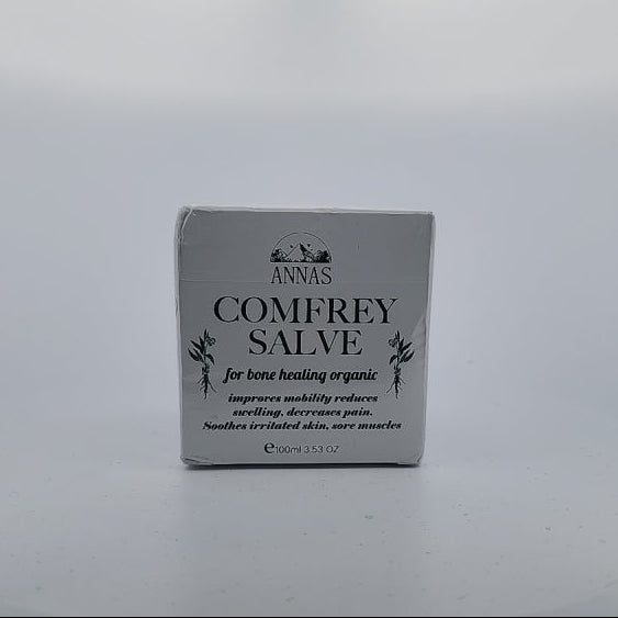 Comfrey salve container on a white background