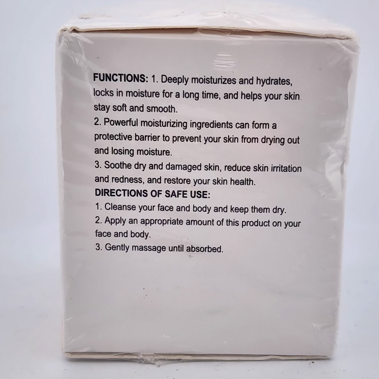 Product packaging with text on a white background