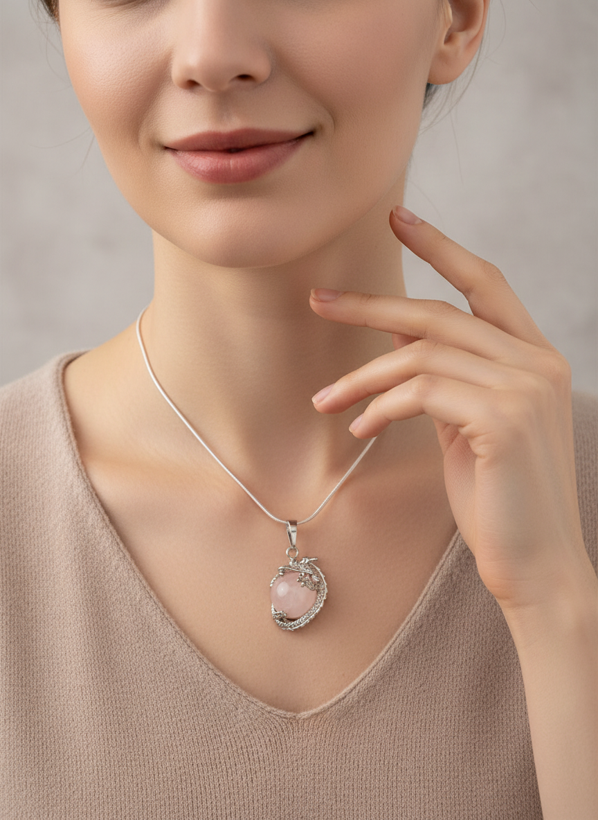 Rose Quartz Dragon Necklace Lifestyle Photo