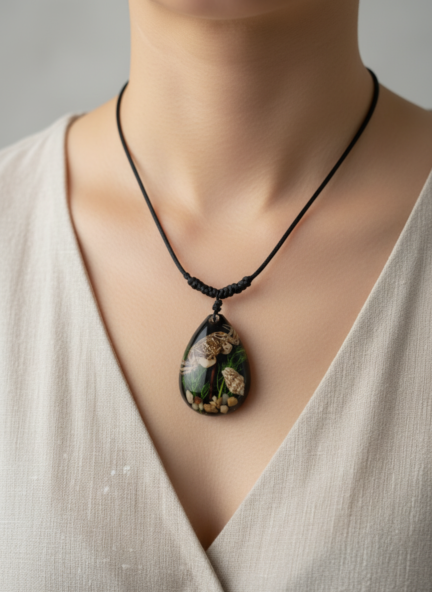 Sea Life pendant necklace being worn