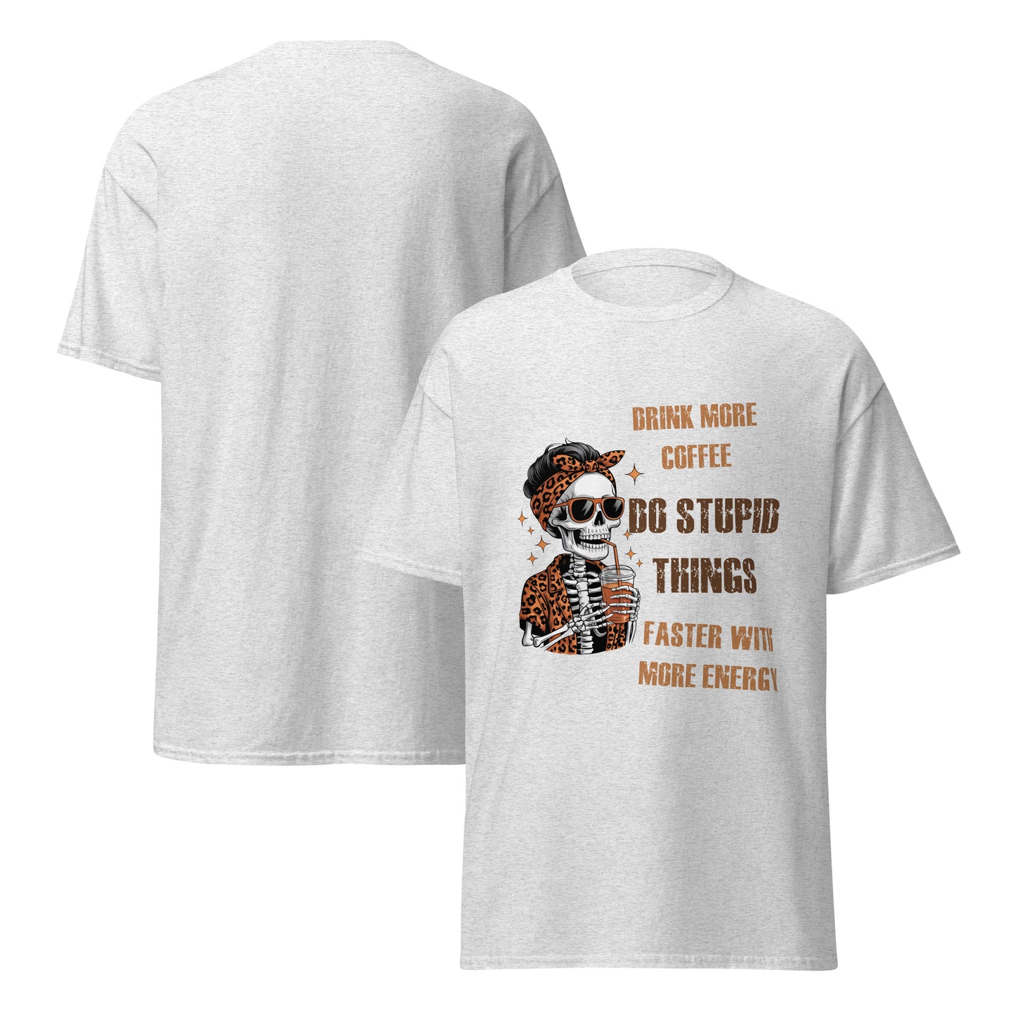 Gray t-shirt with a skeleton wearing a leopard print hat and text on the front, shown from both front and back views.