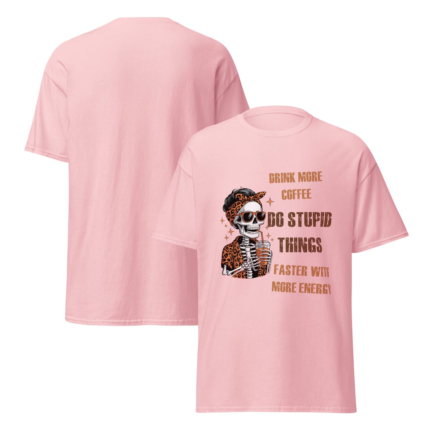 Drink More Coffee Do Stupid Things Faster funny coffee t-shirt with skull and leopard print design on light colored shirt